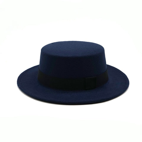 Dark Blue Flat-top Fedora Hat - Hatdeck